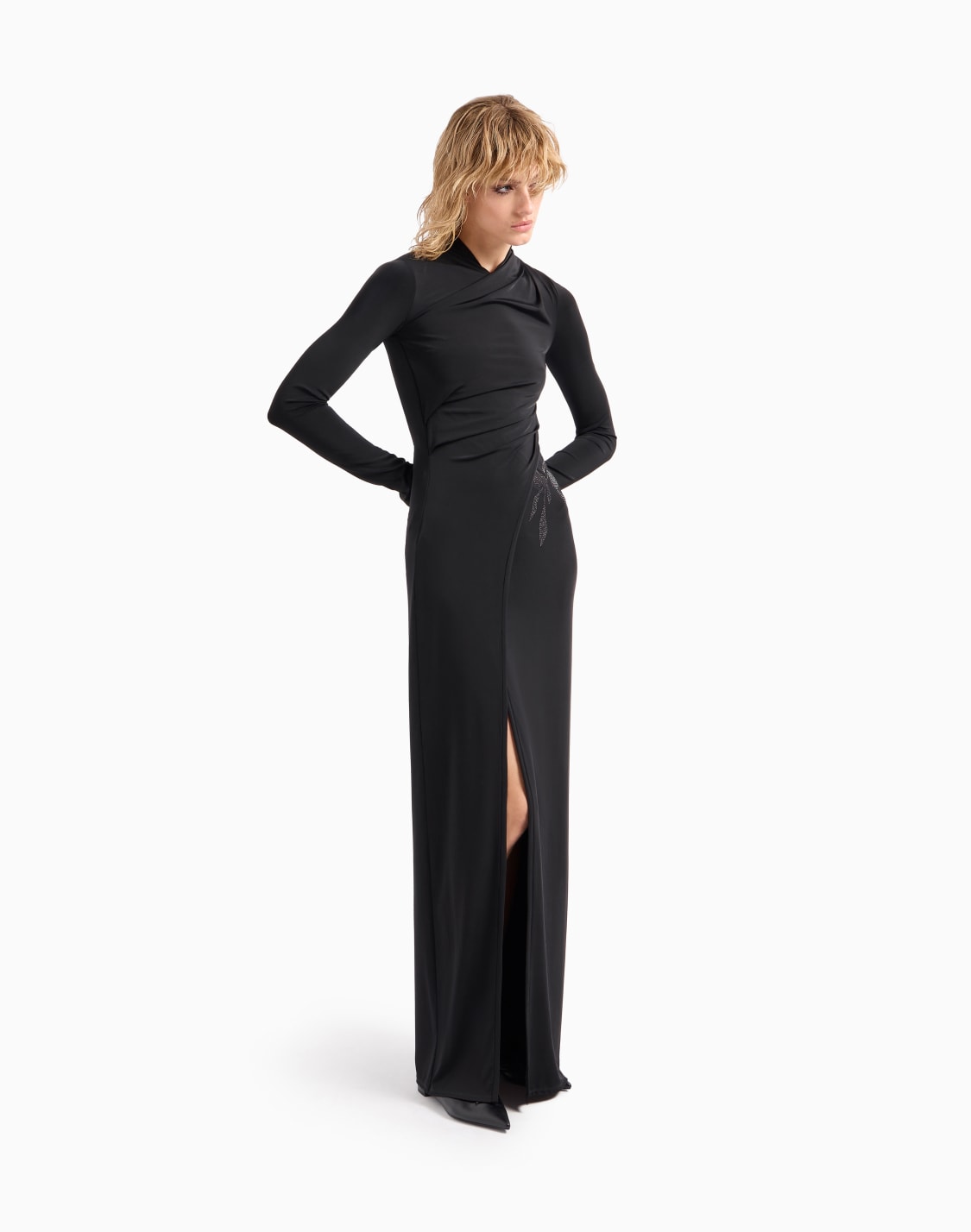 asv-langes-kleid-aus-elastischem-viskosejersey-mit-strass-schwarz--giorgio-armani